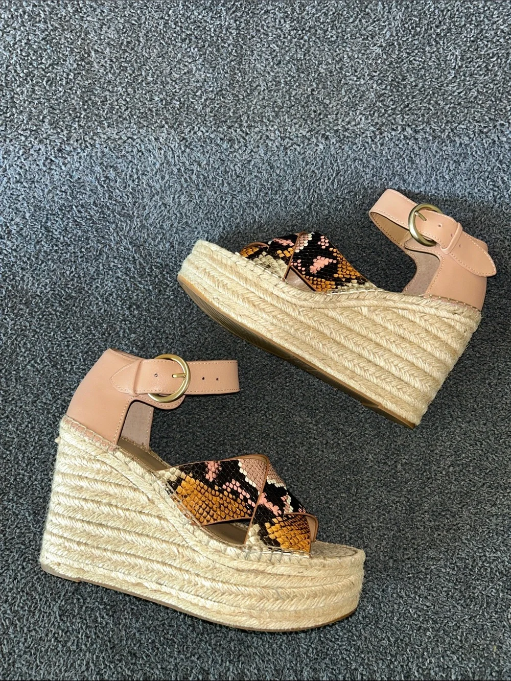 Marc Fisher Pink Ankle-Strap Espadrille Wedges with Snake-Print Straps